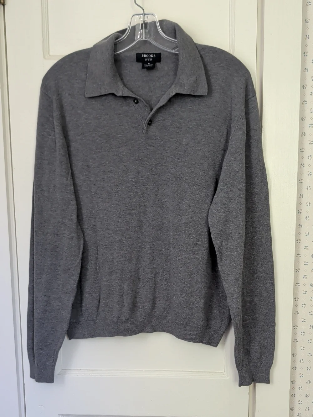 Brooks Sport Sweater Shirt Gray V-Neck 1/4 button Cotton Knit Long Sleeve Polo